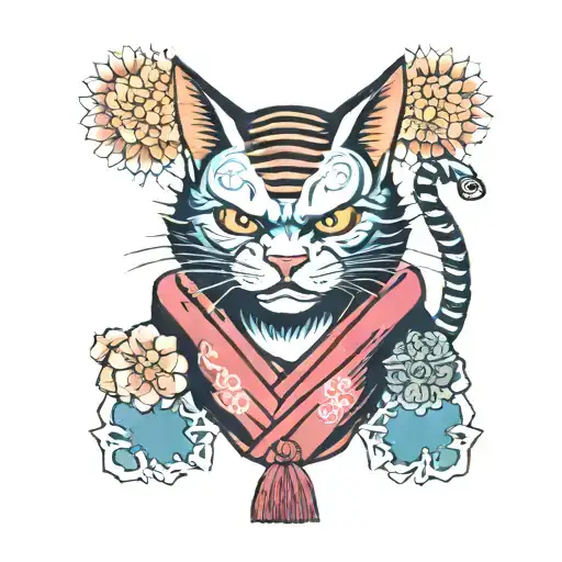 Japanese Samurai Cat Tattoo Cat Vintage Poster Wall Art Stick With Hannya Mask And Sakura Blossom