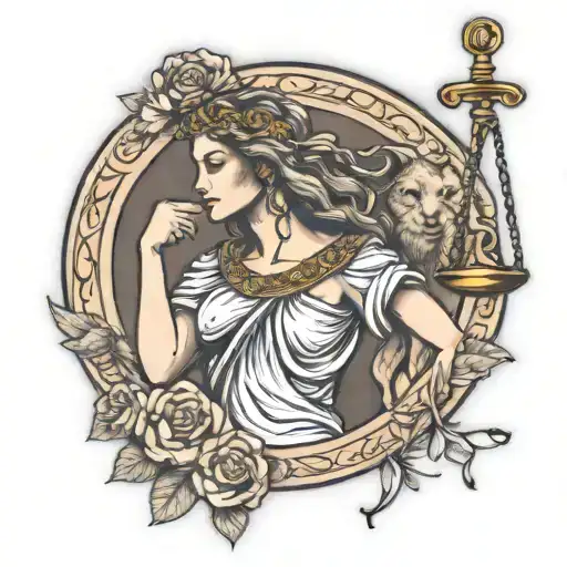 Lady Justice Traditional Tattoo With A Lion Head