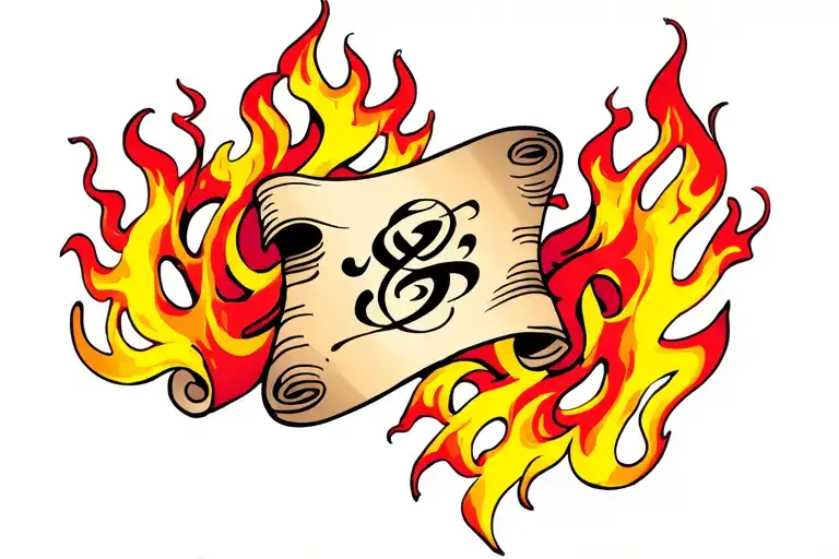Red And Yellow Flames With A Scroll In The Middle Of The Two