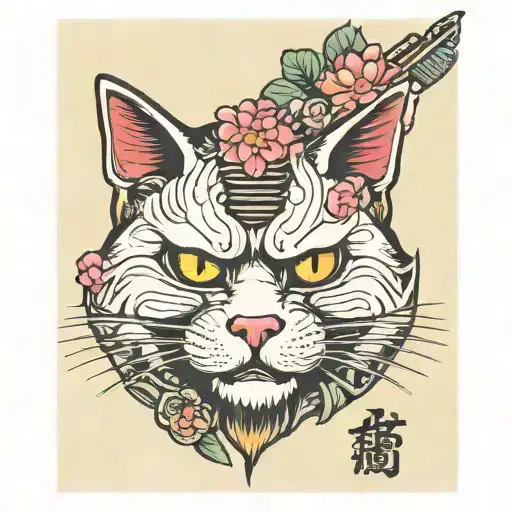 Japanese Samurai Cat Tattoo Cat Vintage Poster Wall Art Stick With Hannya Mask And Sakura Blossom