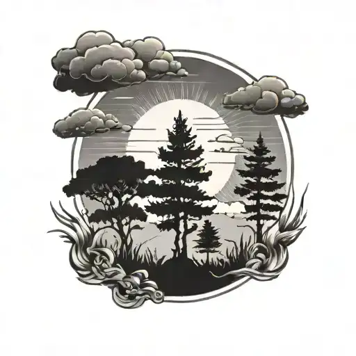 Crop Rows Trees In Background Clouds And Sun Black And White