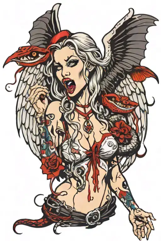 Female Vampire Angel With Tongue Out Dripping Blood And Snake