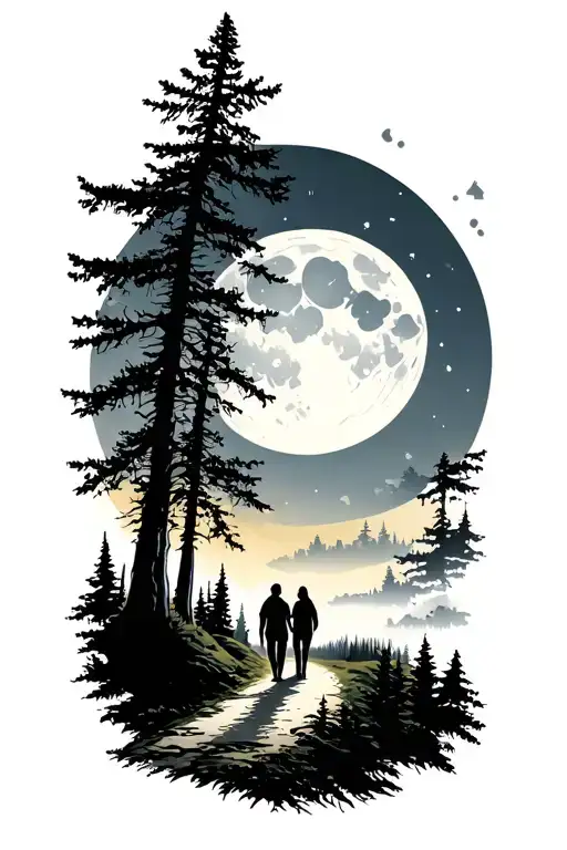 Forest With A Road With A Couple In Love On A Moon Night