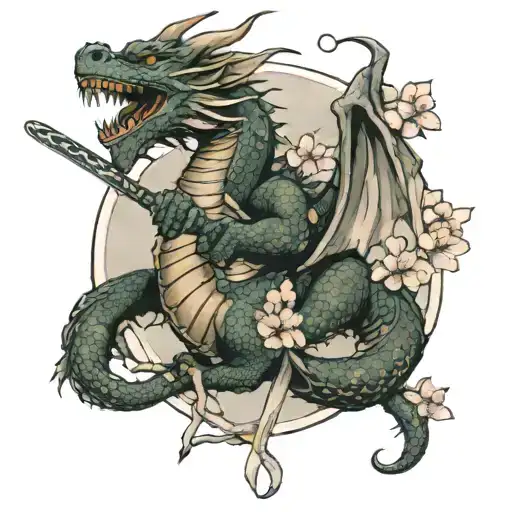 Dragon With Sakura Branch And Katana