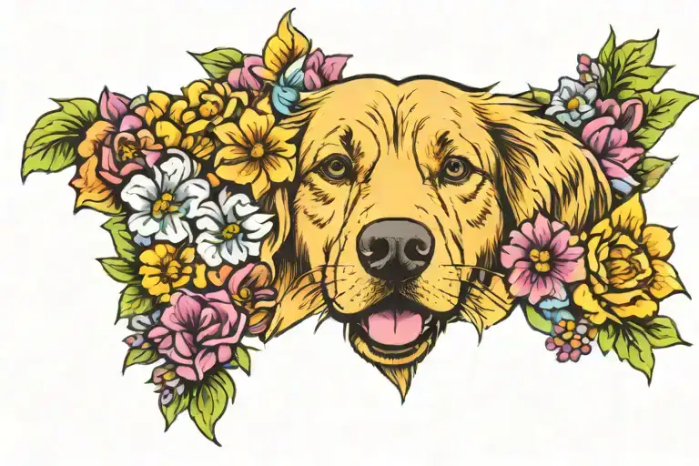 Golden Retriever Face With Colourful Flowers Blooming