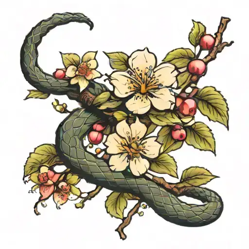 Apple Tree Flowers With Snake Wrapped Around Branch