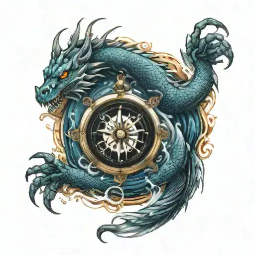 Ice Dragon Coming Out The Ocean Waves Keeping A Compass In The Right Hand