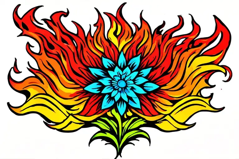 Red And Yellow Flames With A Small Blue Perennial In The Middle In A Mayan Style