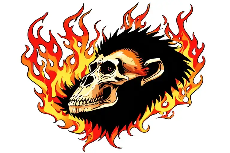 Assymetrical Flames With A Small Mandrill Skull In The Middle