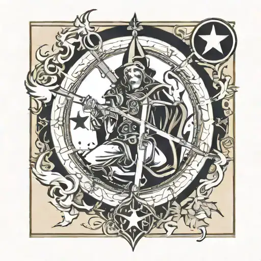 A Tarot Card With A Star In The Center And A Jester With A Scythe Sitting On It