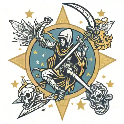 A Tarot Card With A Jester And A Scythe Sitting On A Star