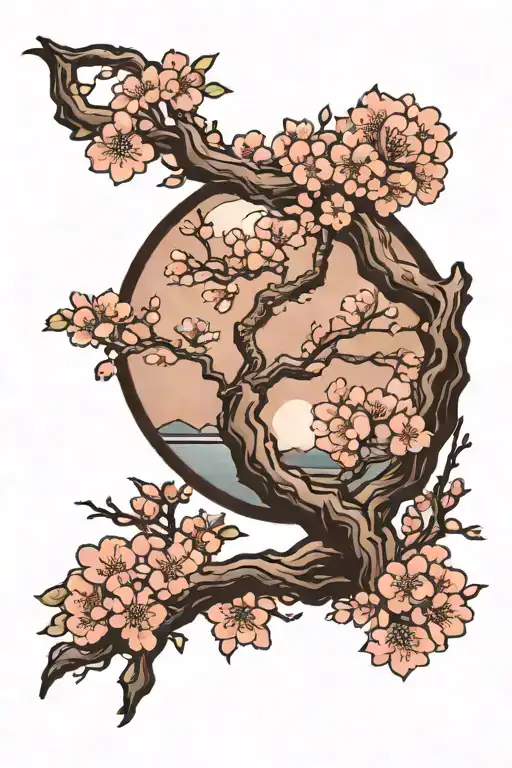 Japanese Cherry Blossom Tree With Moon And Lake Reflection