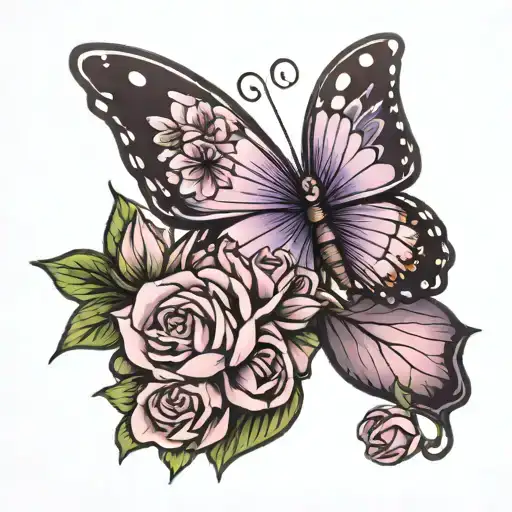 Purple Baby Butterfly With Roses And Lotus Flower