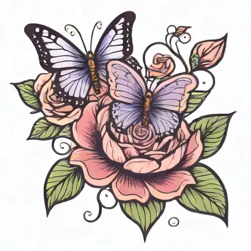 Small Purple Butterfly A Lotus Flower And Roses