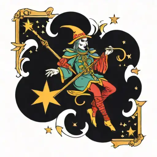 A Tarot Card With A Jester Sitting On A Star Wielding A Scythe