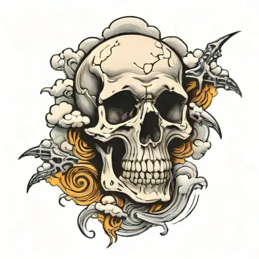 Upper Half Of Skeleton Ripping Through Clouds