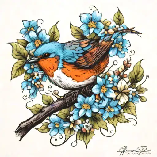 Forget Me Nots And Robin Bird
