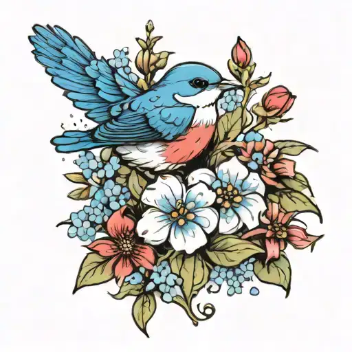 Forget Me Not Flowers And Red Robin Bird