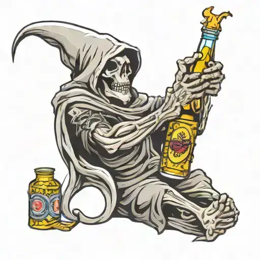 A Tired Reaper Drinking Beer Bottle