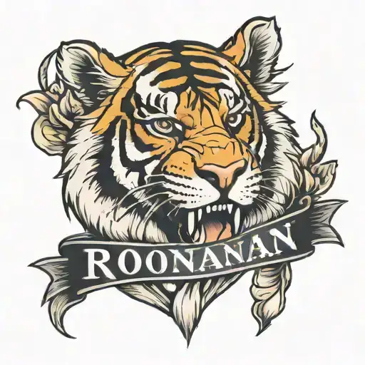 American Traditional Tiger Head With Name Banner That Says Ronan