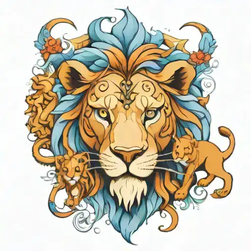 Lion With Blue Eyes And 5 Person Family Inside