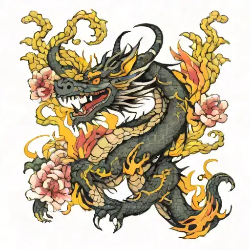 Neo Traditional Blackwork Full Body Dragon With Fire And Blossoms
