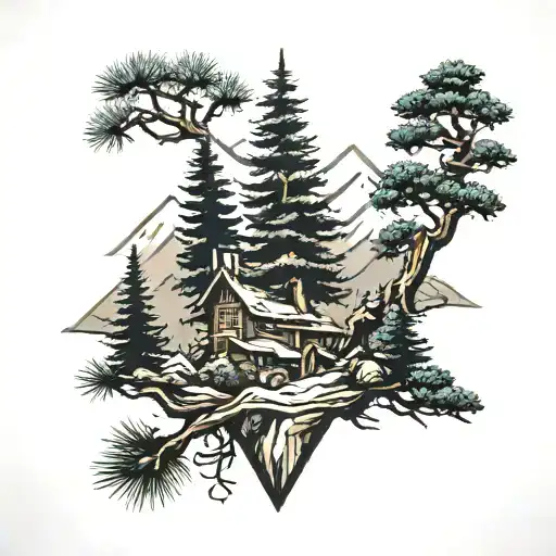 Pine Tree With Mountain Peaks