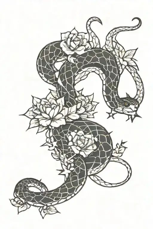 Celestial Squiggly Snake With Cactus Flowers And Stars