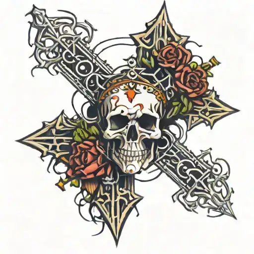 Cross With A Crown Of Thorns Hanging Off Of It With Skulls Around