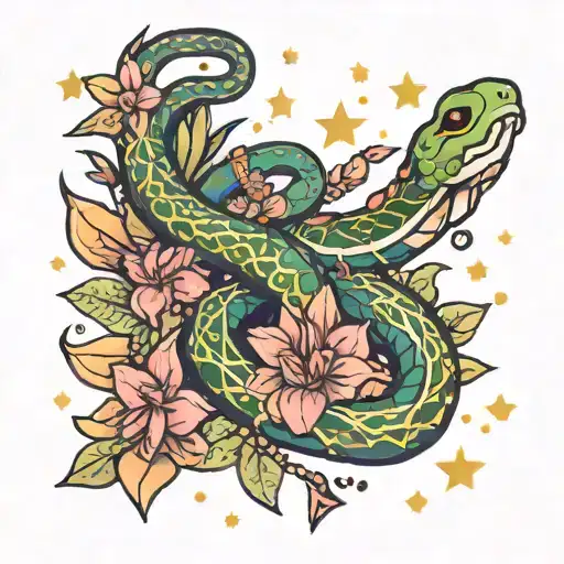 Celestial Stylized Snake Surrounded By Cactus Flowers And Stars