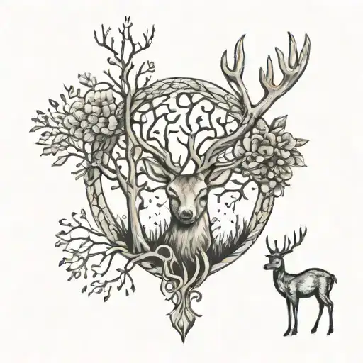 A Deer Tattoo With God's Hand On Top And The Tree Of Life Below