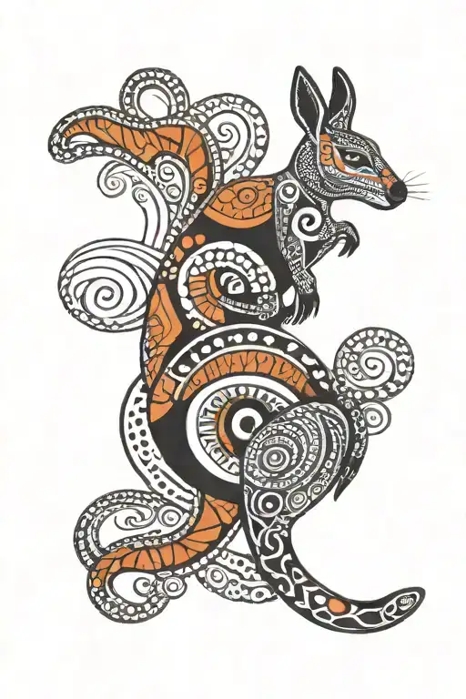 Australian Aboriginal Design In Black And White With A Kangaroo Outline In Colour