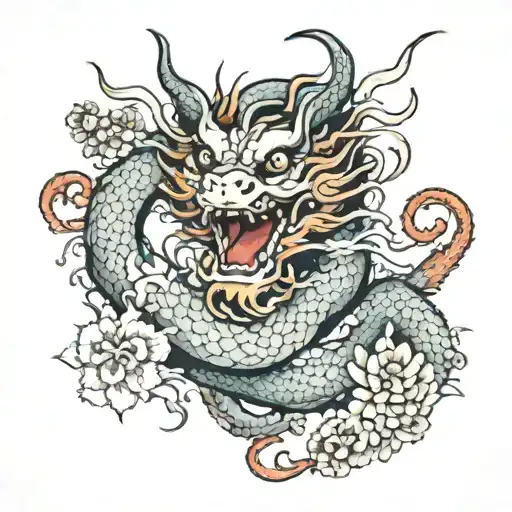 Japanese Dragon With Flowers Around It