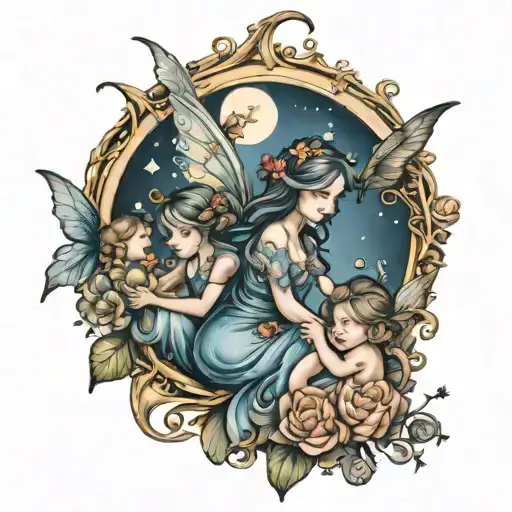 Fairy With 3 Kids In Moon