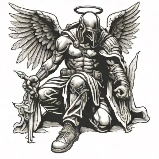 Praying Gods Soldier With Angel Wings Beaten Down On His Knees