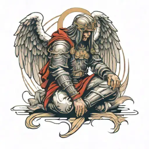 Gods Soldier With Angel Wings Beaten Down On His Knees Who Is Praying