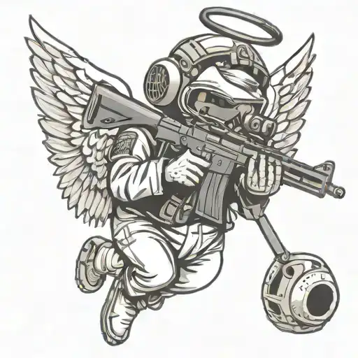 Angel Baby Holding Machine Gun Wearing Ski Mask