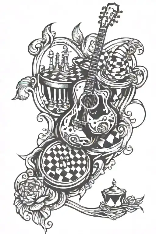 Chess Board And Guitar Surrounded