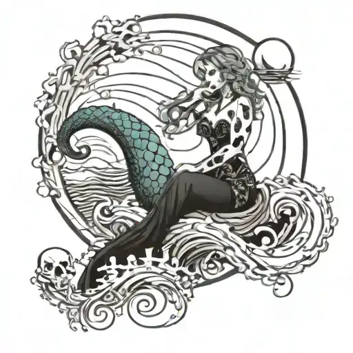 Siren Sitting On A Cresent Moon Made Of Waves And The Tail Is Rotting With Skulls