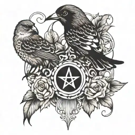 Create A Black And White Traditional Bird Tattoo Of The Nine Of Pentacles Tarot Card With No Border