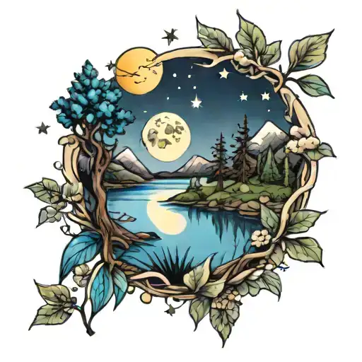 Moon And Stars Nature With River Trees And Mountains