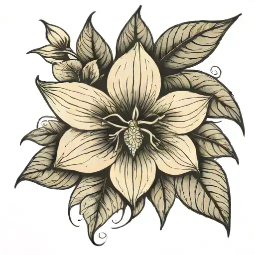 Trillium Flowers With Leaves With Spider Webs Black And Grey Stippled Shading Neo Traditional