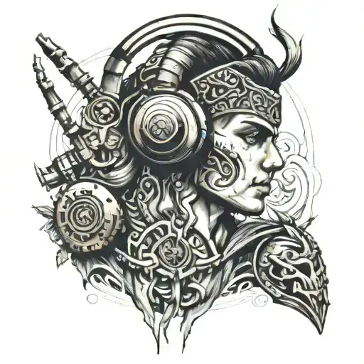 Warrior Wearing Headphones Surrounded