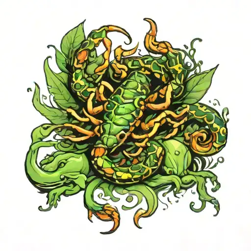 Scorpion Surrounded By Frogs With Green