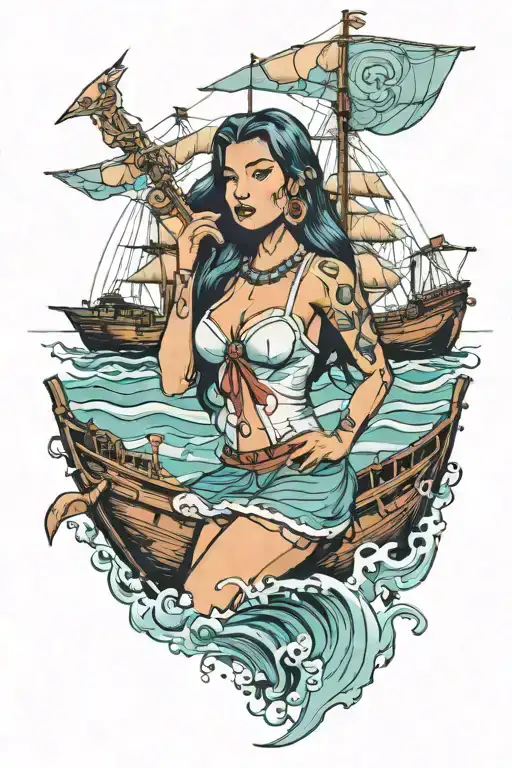 Pin Up Pocahontas On Ship With Japanese Water Art Style