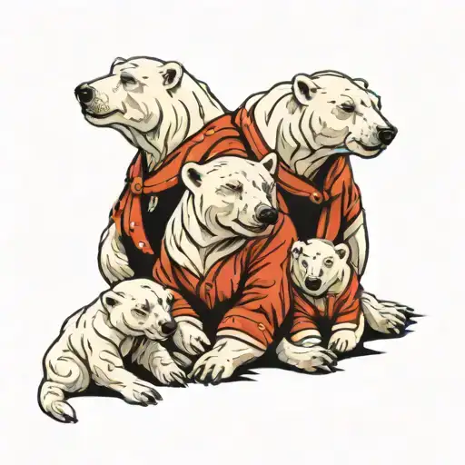 Polar Bear Family 3 Kids 2 Adults Siting