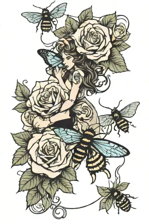 Women Thigh Sleeve Roses Butter Fly Bee Collecting Nectar
