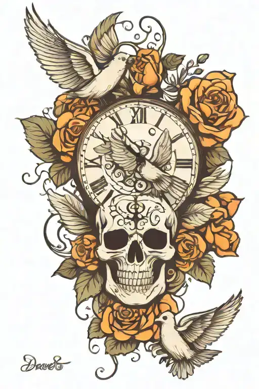 Dove Roses Clock Skull