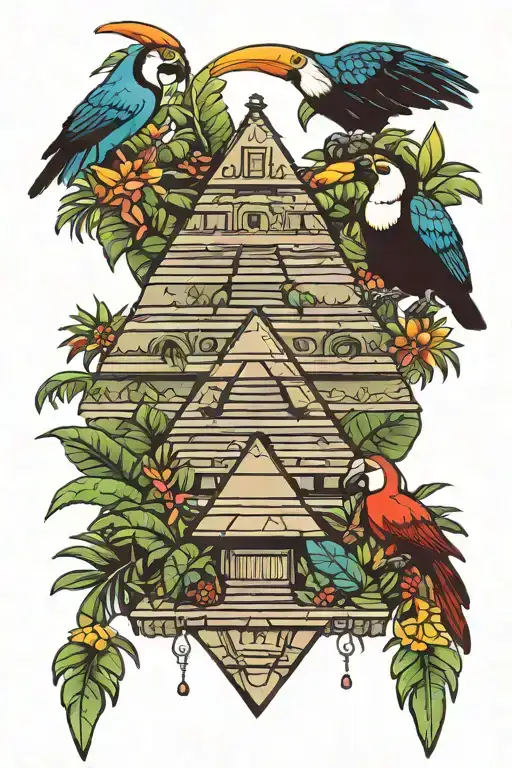 Maya Pyramid With Jungle An A Tucan Bird Wearing Headphones