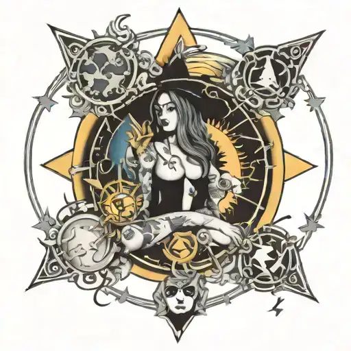 Five Pointed Pentigram With A Nude Witch In The Center And A Sun And Moon Surrounding It Tattoo